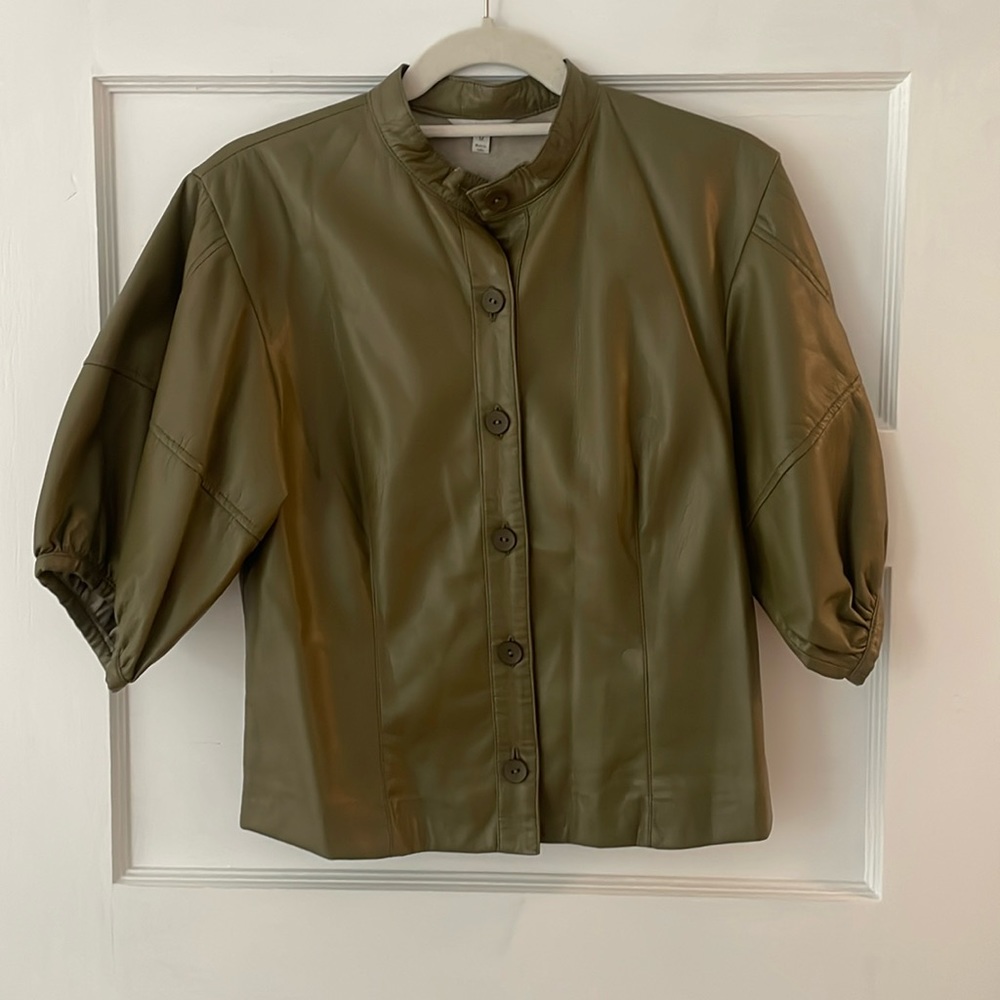 Olive Pleather Button Up Blouse - image 1